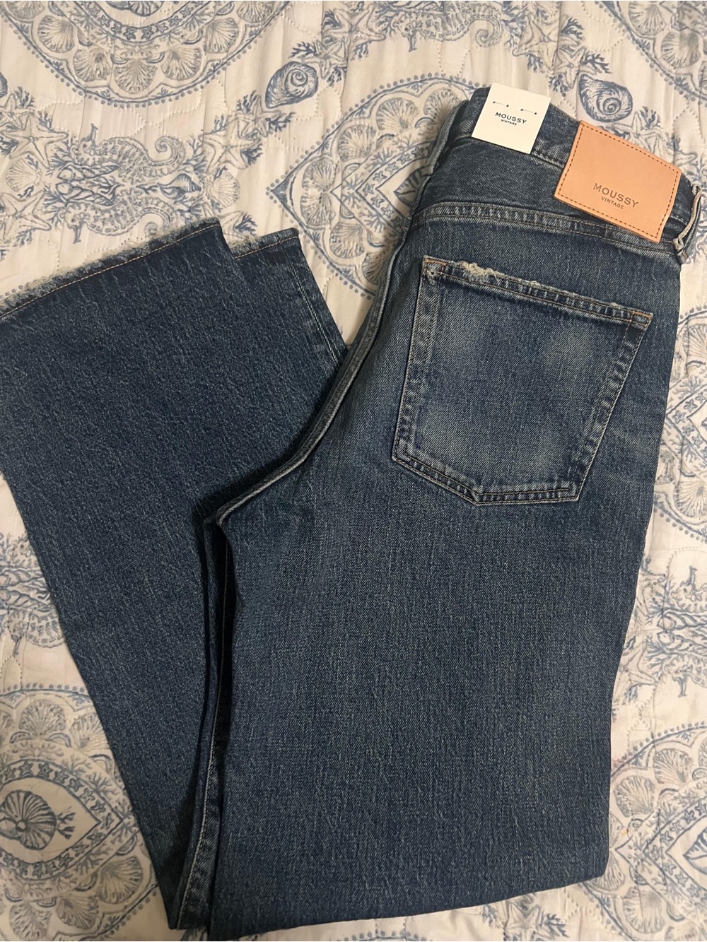 MOUSSY Men’s Blue Bootcut Jeans with Leather Patch